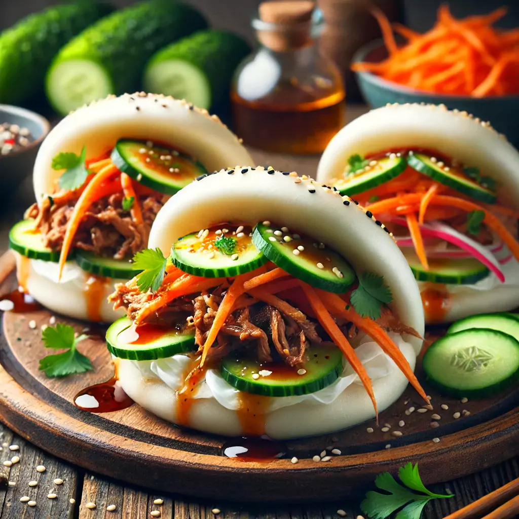 Fluffige Bao Buns gefüllt mit Pulled Pork, Gurken, Karotten und Hoisin-Sauce