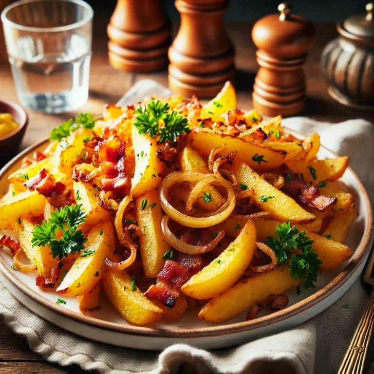 Teller mit Bratkartoffeln, knusprigem Speck, Zwiebeln und Petersilie.
