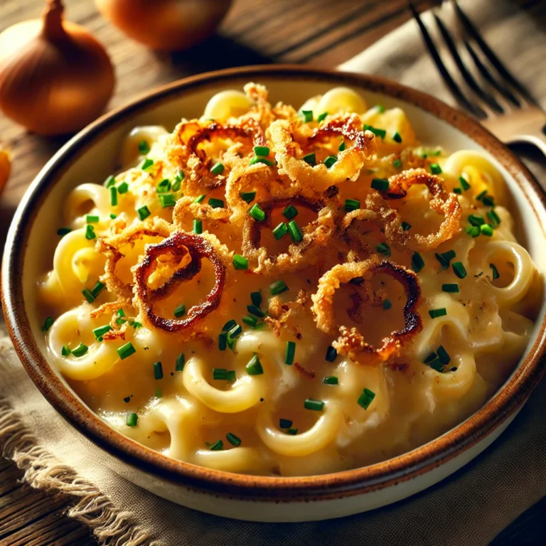 Teller mit Käsespätzle, garniert mit knusprigen Röstzwiebeln.