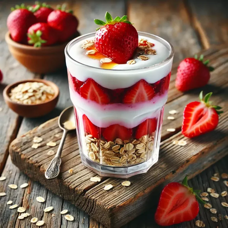 Glas mit Schichten aus Erdbeeren, Joghurt und gerösteten Haferflocken.