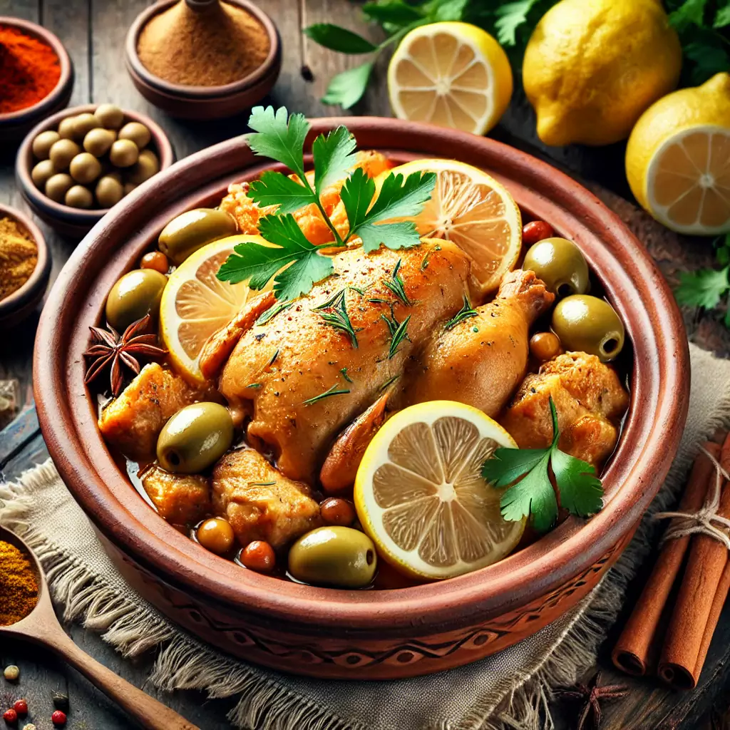Traditionelle marokkanische Tajine mit Hähnchen, eingelegten Zitronen und grünen Oliven