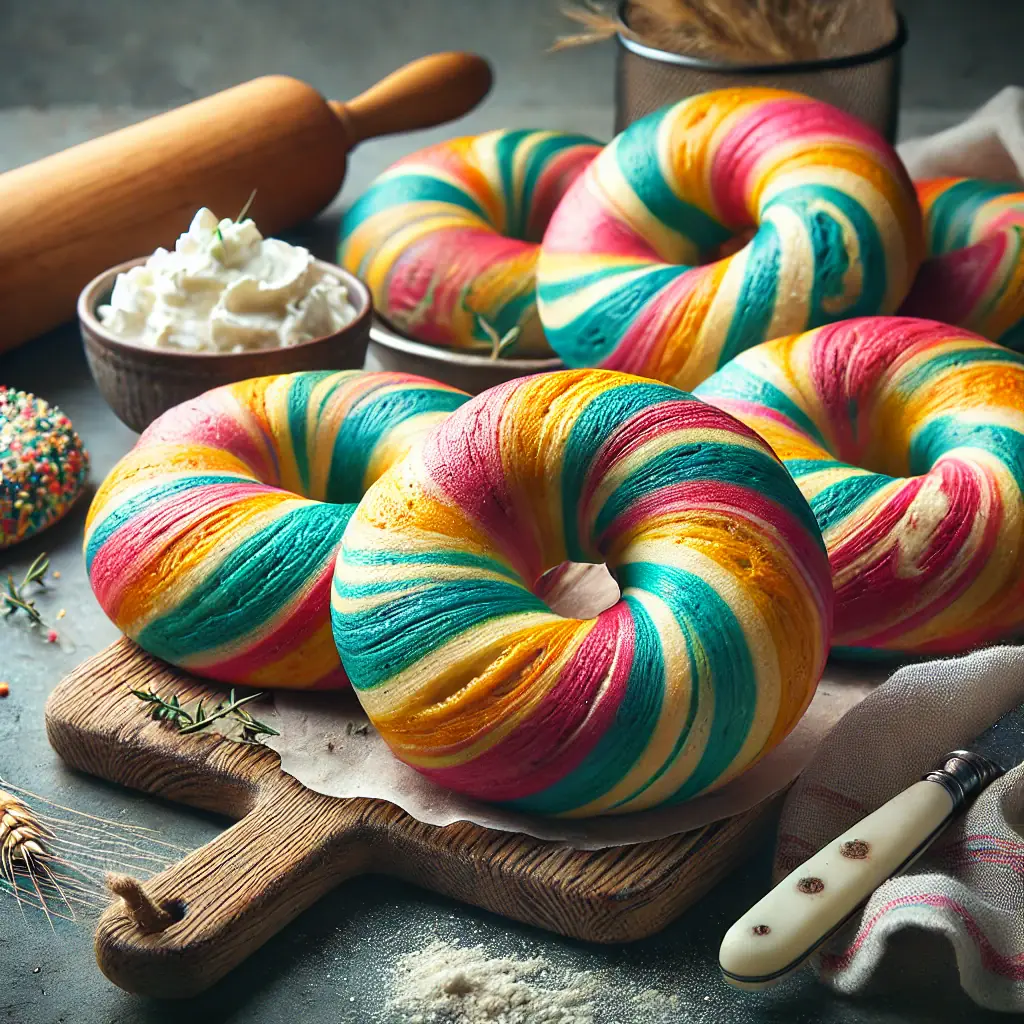 Bunte Rainbow-Bagels, gebacken und mit leuchtenden Farben wie Rot, Blau, Gelb und Grün, serviert mit Frischkäse