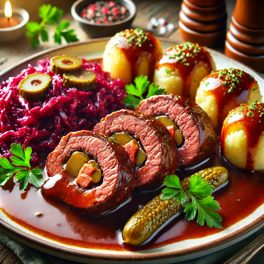 Teller mit Rinderrouladen, Rotkohl und Kartoffelklößen.
