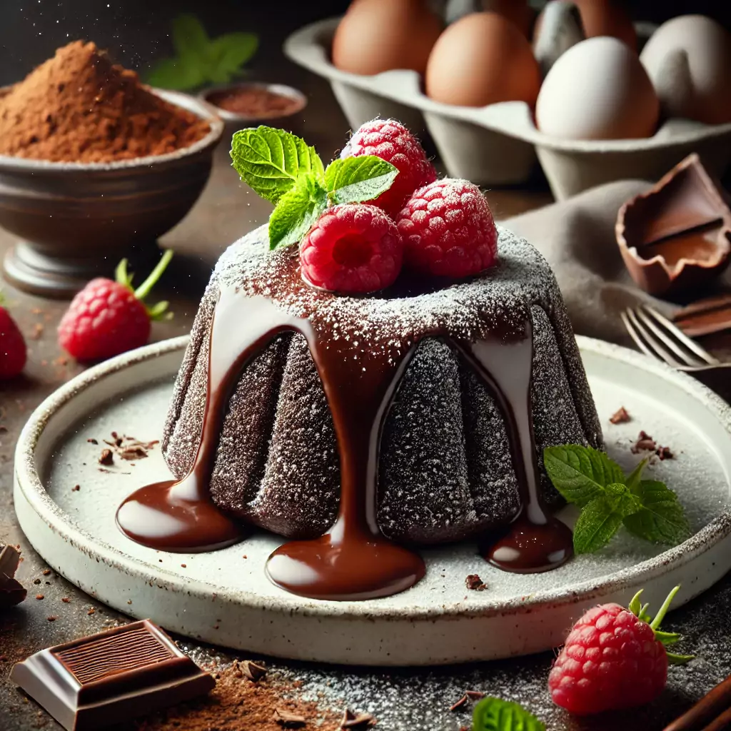 Lava-Cakes mit flüssigem Schokoladenkern, garniert mit Puderzucker, Himbeeren und Minze