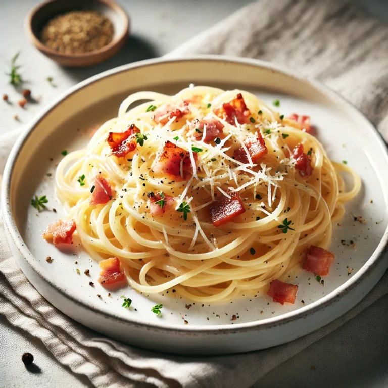 Teller mit Spaghetti Carbonara, garniert mit Parmesan und Petersilie.