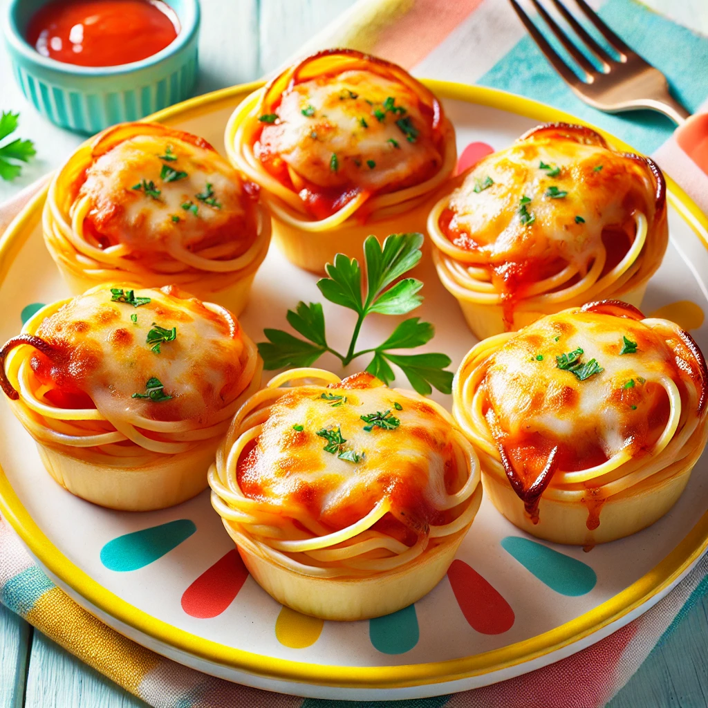 Spaghetti-Nester mit Tomatensauce und geschmolzenem Käse auf einem bunten Teller.