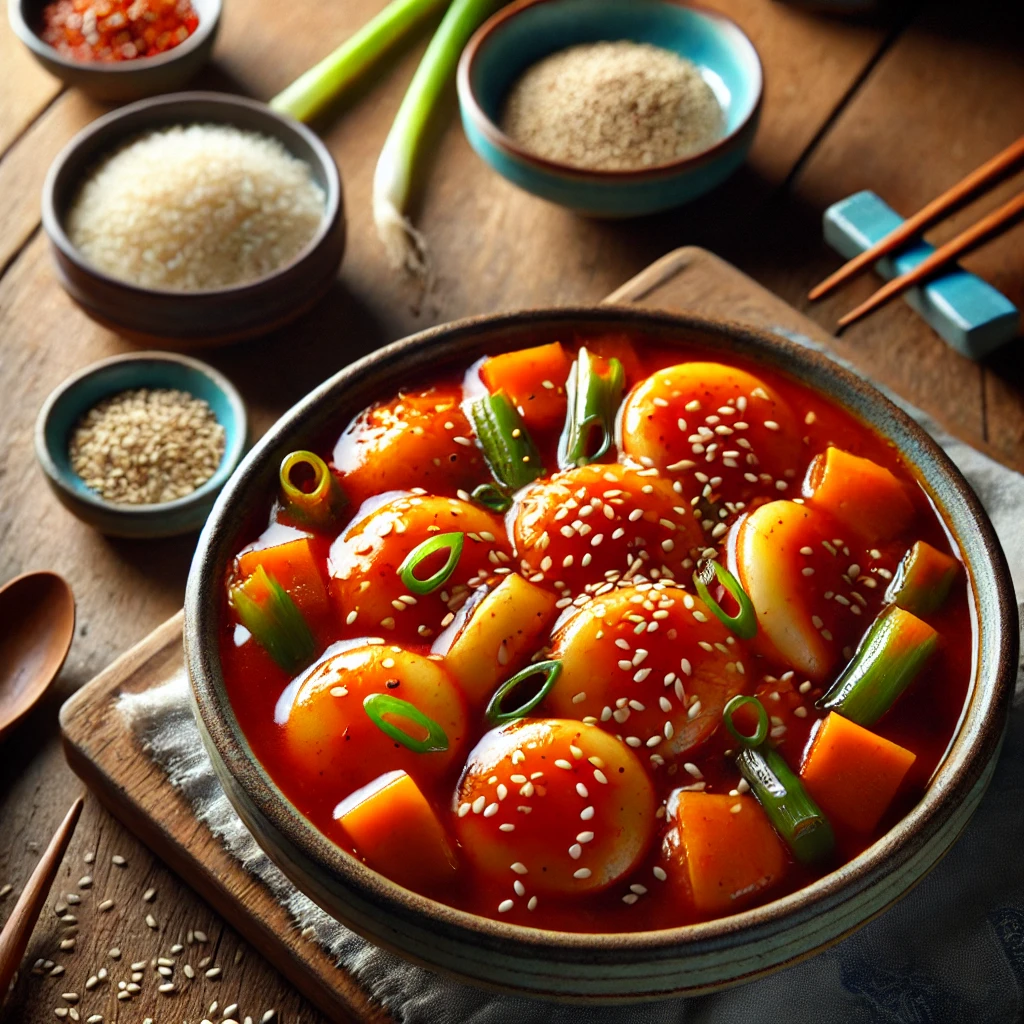 Schale mit Tteokbokki, serviert in einer würzigen Sauce.