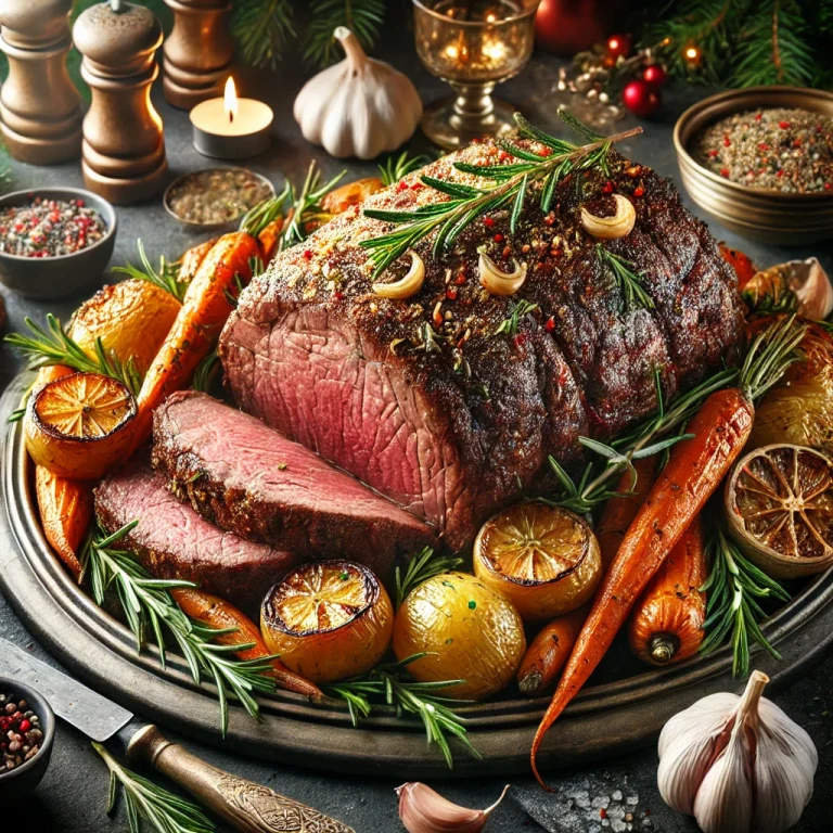 Festliches Rinderfilet mit knuspriger Kruste und Ofengemüse auf einer Weihnachtsplatte