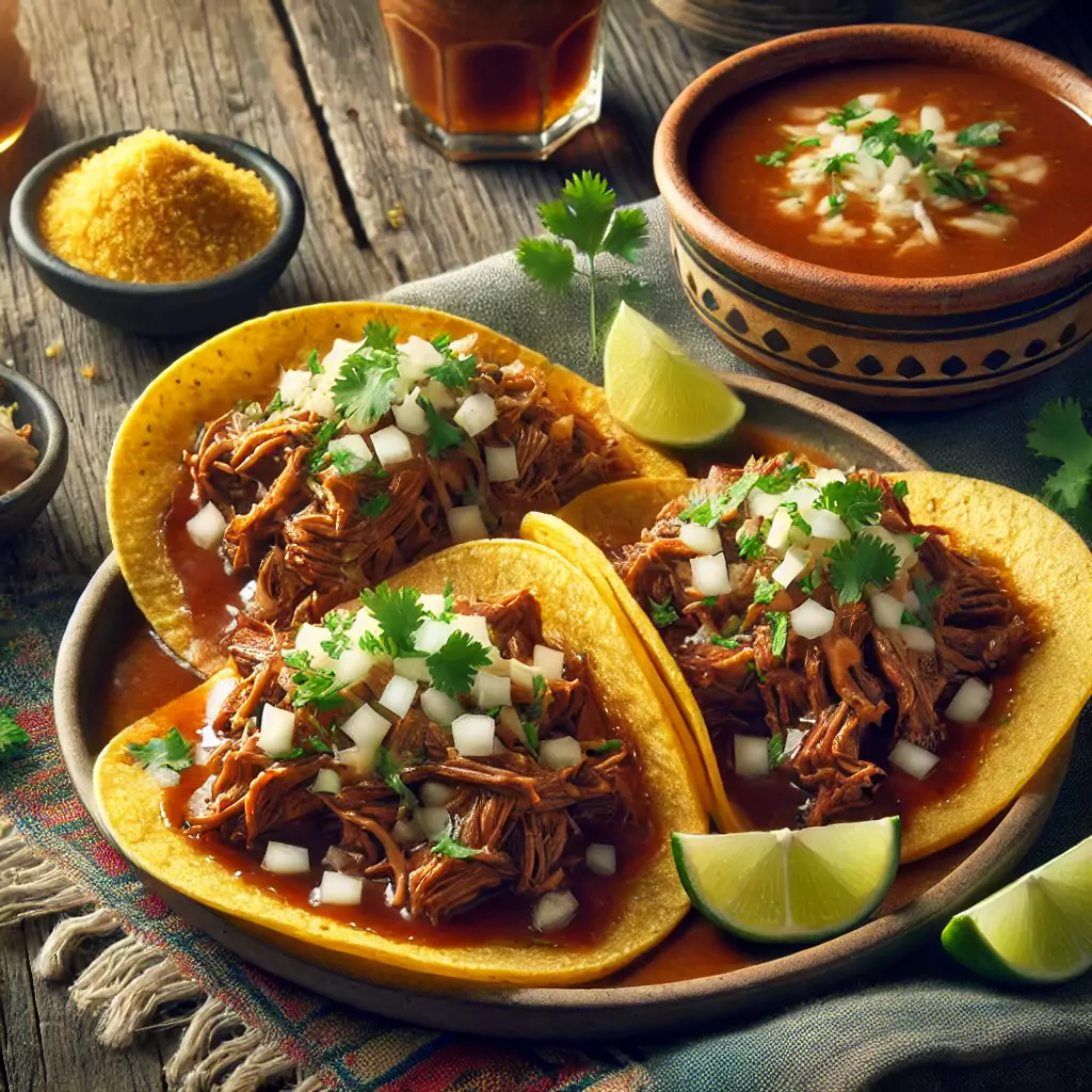 Knusprige Birria Tacos mit geschmortem Fleisch, Käse, Zwiebeln, Koriander und Dip-Sauce.