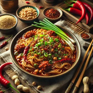 Dan Dan Noodles, angerichtet mit Chiliöl-Sauce, Hackfleisch, Frühlingszwiebeln und gerösteten Erdnüssen in einer Schale.