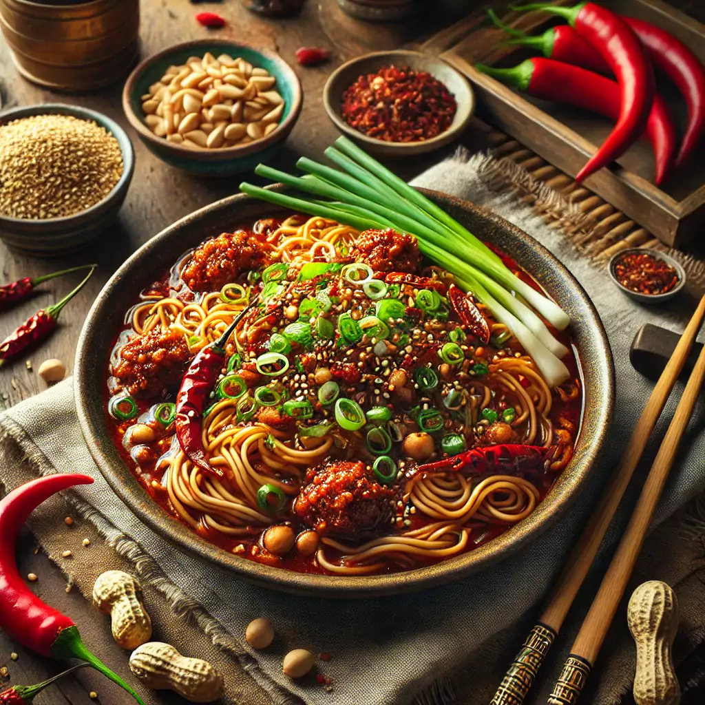 Dan Dan Noodles, angerichtet mit Chiliöl-Sauce, Hackfleisch, Frühlingszwiebeln und gerösteten Erdnüssen in einer Schale.