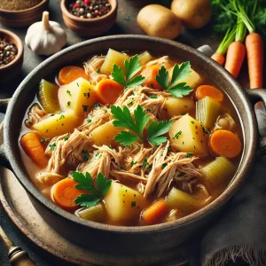 Hähncheneintopf mit Kartoffeln, Karotten, Sellerie und Kräutern in einer Brühe.