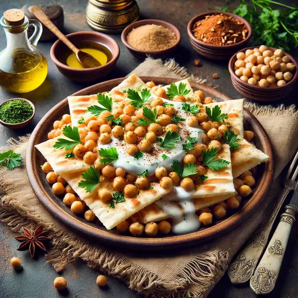 Fatteh, ein nahöstliches Gericht aus knusprigem Fladenbrot, Kichererbsen, Joghurtsauce und Pinienkernen.