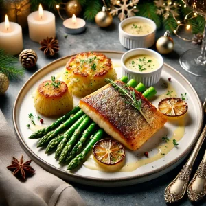 Gebratener Wolfsbarsch, Kartoffelgratin und Spargel mit Zitronen-Butter-Sauce auf einem eleganten Teller.