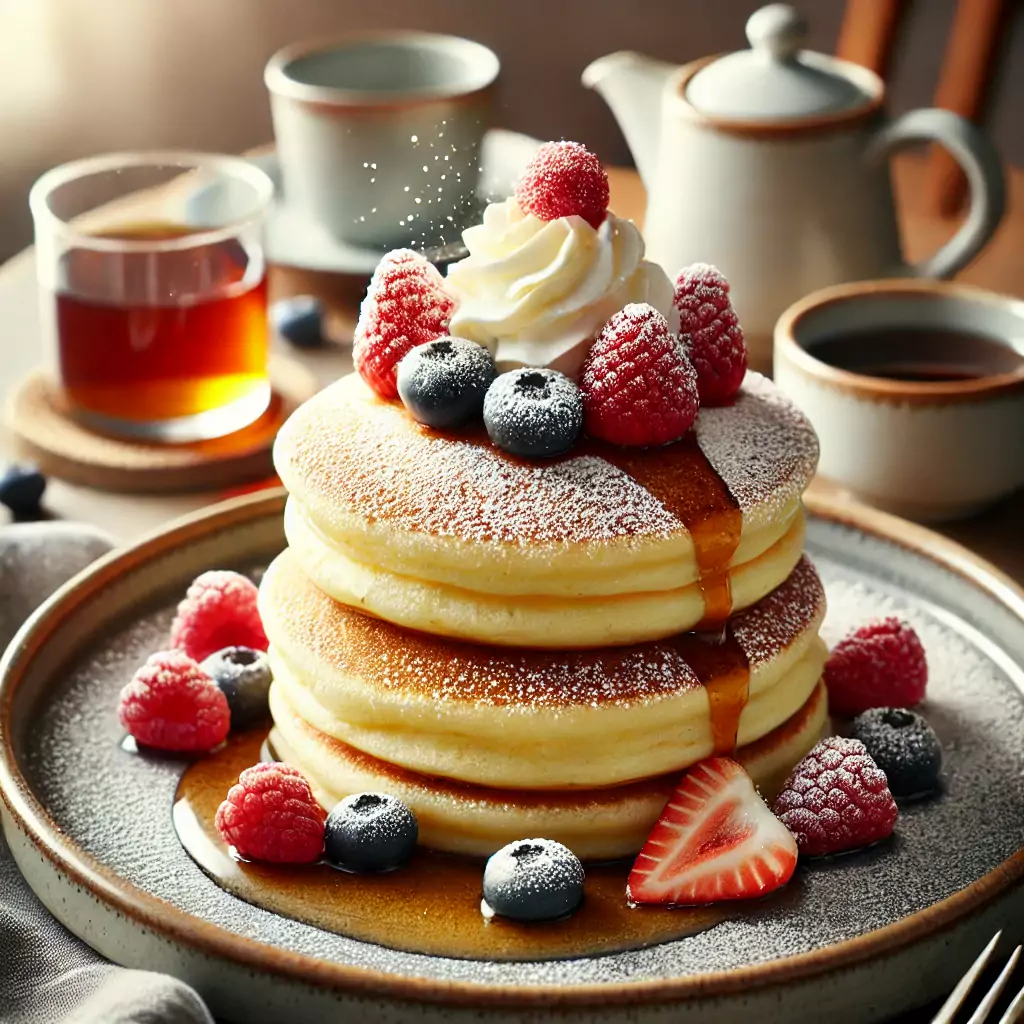 Fluffige Japanese Soufflé Pancakes mit Puderzucker, frischen Beeren und Schlagsahne.