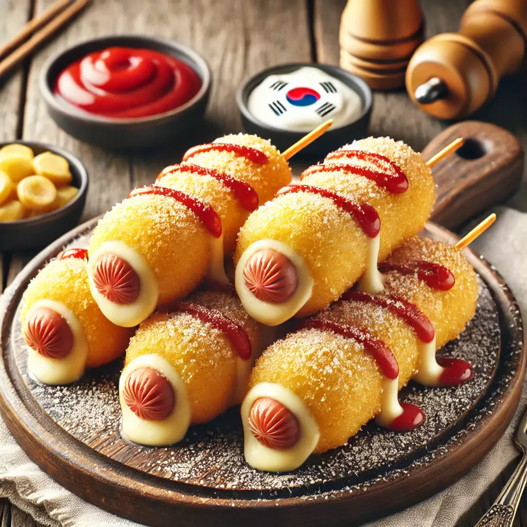 Cheese Corn Dogs mit Zucker, Ketchup und Mayonnaise, serviert auf einem Holzbrett.