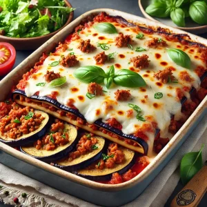 : Auberginen-Lasagne mit Hackfleisch, Tomatensauce und Mozzarella, serviert in einer Auflaufform.