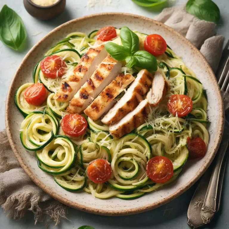 Zucchini-Nudeln mit Hähnchen, Cherry-Tomaten und Parmesan-Knoblauch-Sauce.
