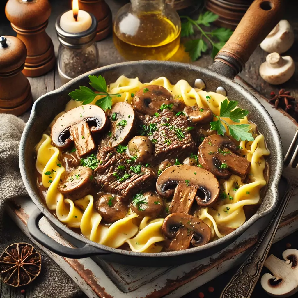 Stroganoff mit Rindfleisch, Champignons und Nudeln in cremiger Sauce, garniert mit Petersilie.