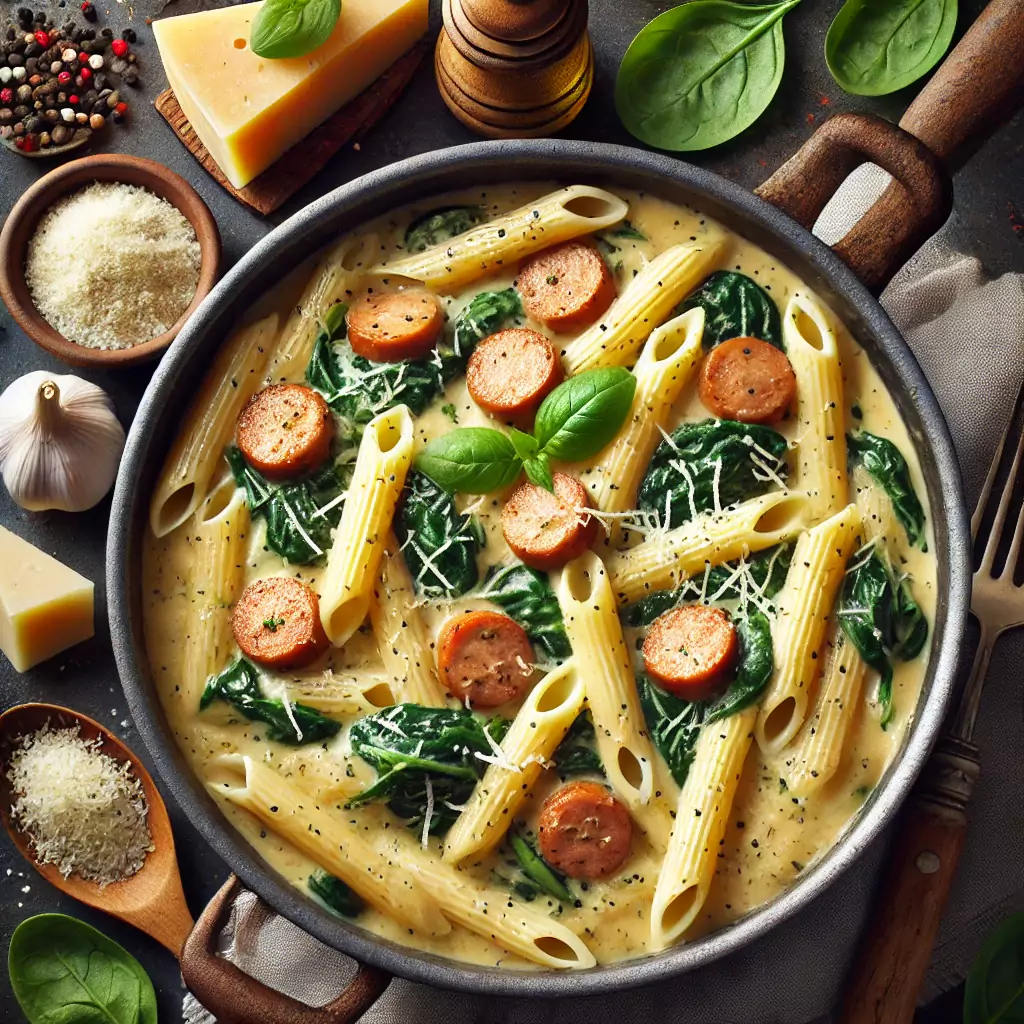 Cremige Pasta mit Wurst, Spinat und Parmesan, serviert in einem rustikalen Topf.