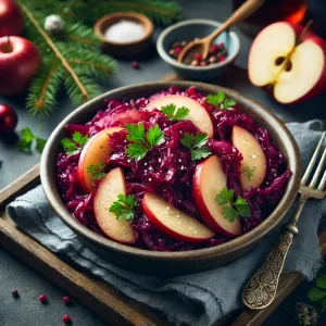 Rotkraut mit Äpfeln, geschmort und gewürzt, serviert in einer Schale.