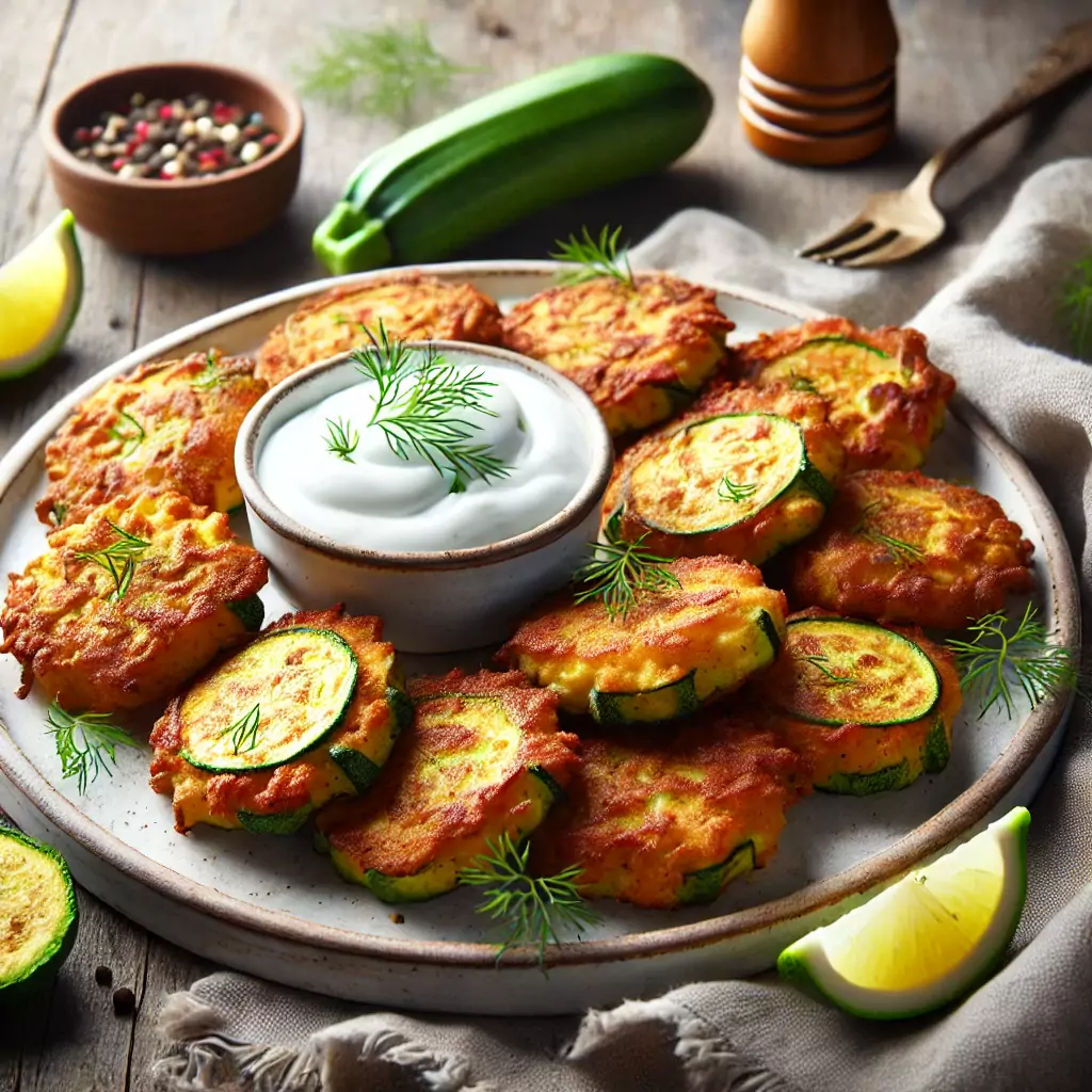 Gebackene Zucchini-Fritter mit Joghurtdip und Dill, serviert auf einer Platte.