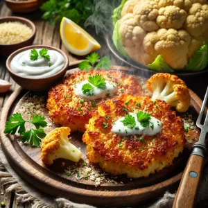 Ein Teller mit knusprig gebratenen Blumenkohl-Steaks und Joghurtdip