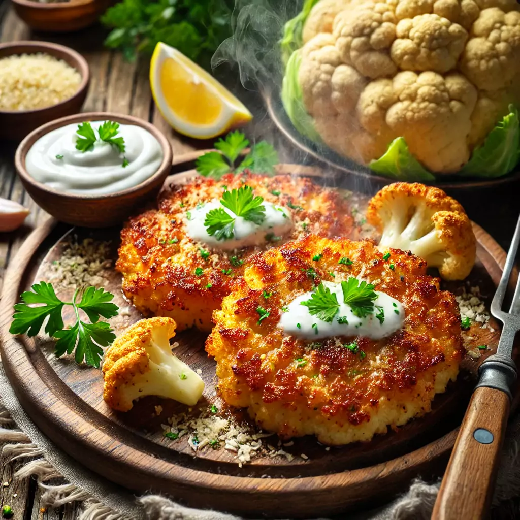 Ein Teller mit knusprig gebratenen Blumenkohl-Steaks und Joghurtdip