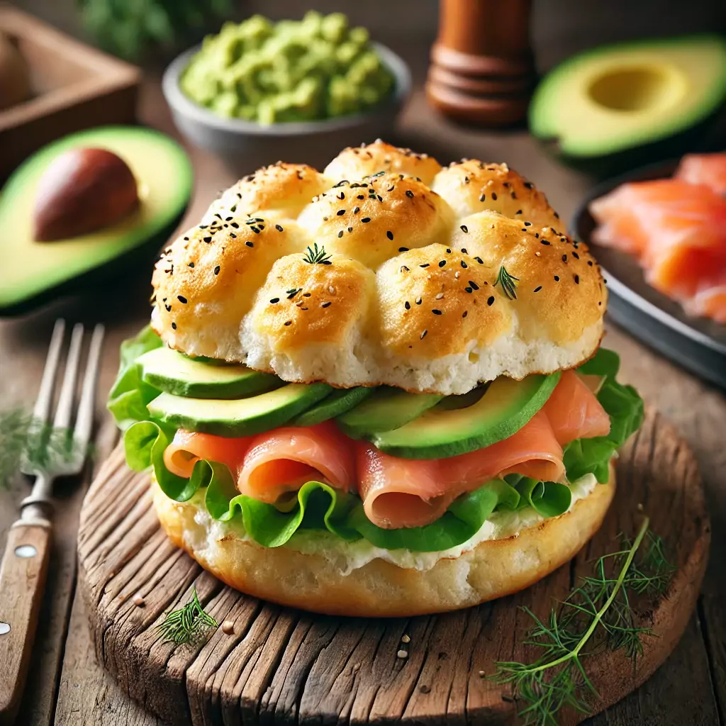 Ein Cloud Bread Burger mit Lachs, Avocado und knackigem Salat.
