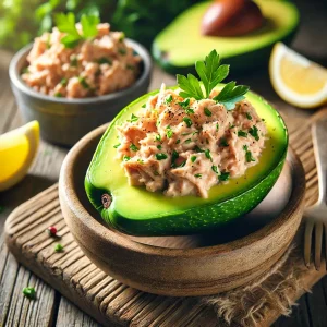 Eine Avocado-Hälfte, gefüllt mit würzigem Thunfisch-Salat, garniert mit frischen Kräutern.