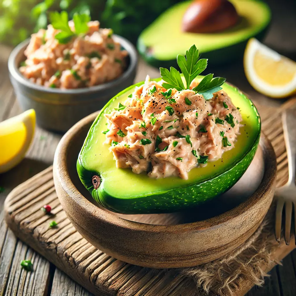 Eine Avocado-Hälfte, gefüllt mit würzigem Thunfisch-Salat, garniert mit frischen Kräutern.
