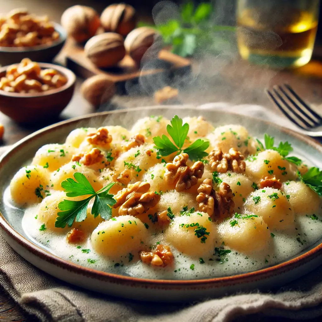 Ein Teller Gnocchi in Gorgonzola-Walnuss-Sauce mit gehackten Walnüssen und Petersilie.