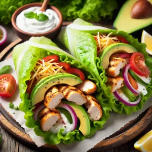 Low-Carb-Wraps mit Hähnchen, Gemüse und Joghurtsauce in Salatblättern.