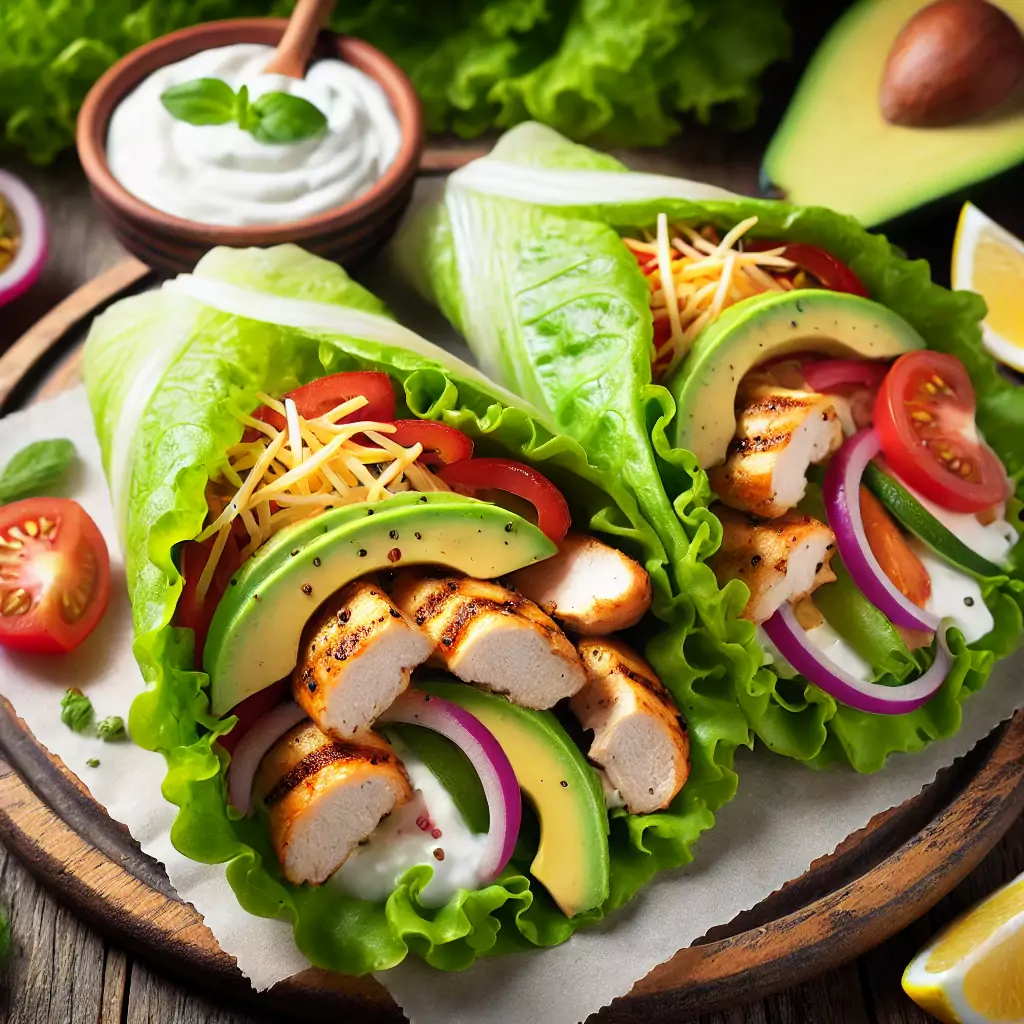 Low-Carb-Wraps mit Hähnchen, Gemüse und Joghurtsauce in Salatblättern.