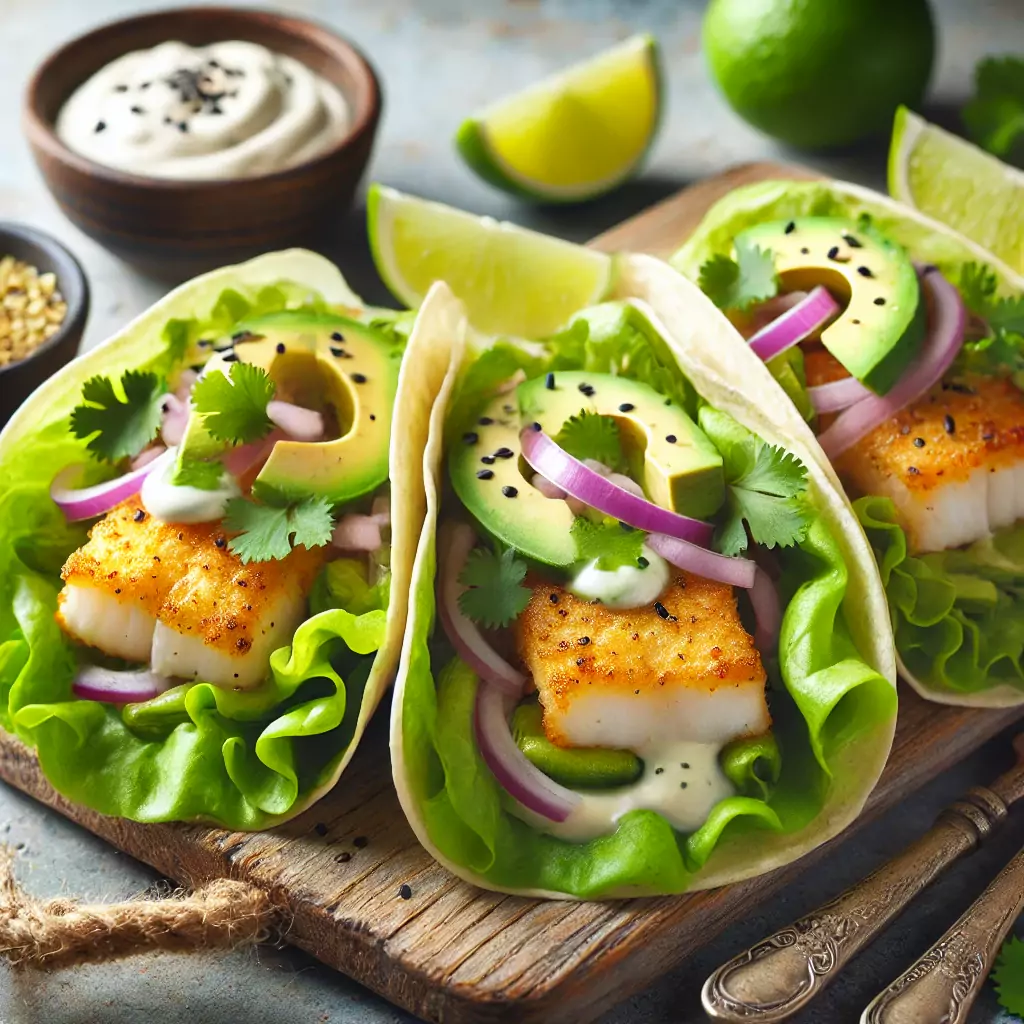 Knusprige Kabeljau-Tacos in Salatblättern mit Limetten-Koriander-Sauce und frischen Kräutern.