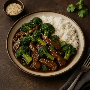 Rindfleischpfanne mit Brokkoli und Reis im Asia-Stil