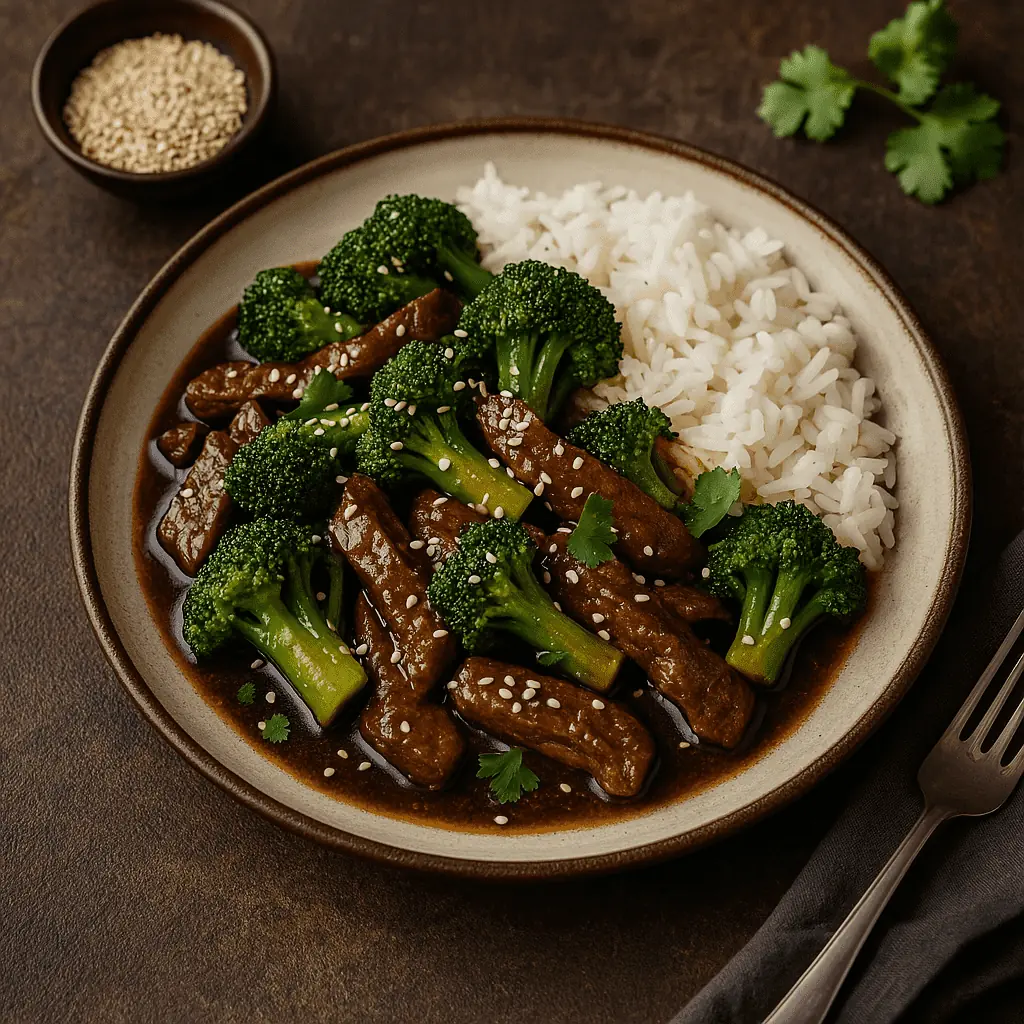 Rindfleischpfanne mit Brokkoli und Reis im Asia-Stil