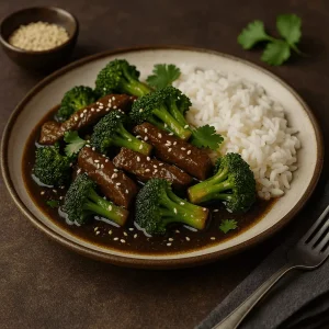 Rindfleischpfanne mit Brokkoli und Reis im Asia-Stil
