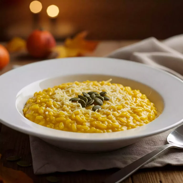 Ein Teller Kürbis-Risotto, garniert mit Parmesan und Kürbiskernen.