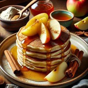 Ein Stapel goldbrauner Apfel-Pancakes mit Zimt und Ahornsirup.