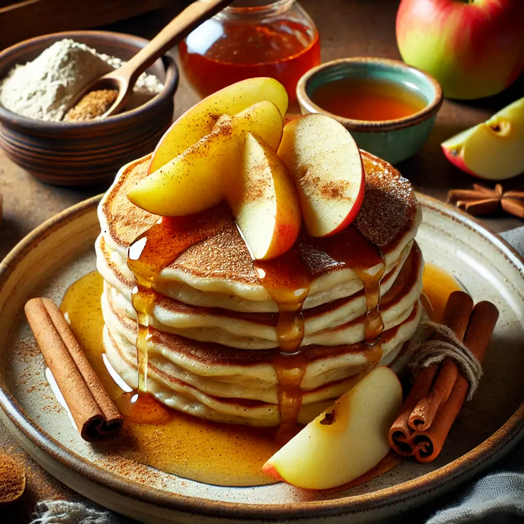 Ein Stapel goldbrauner Apfel-Pancakes mit Zimt und Ahornsirup.