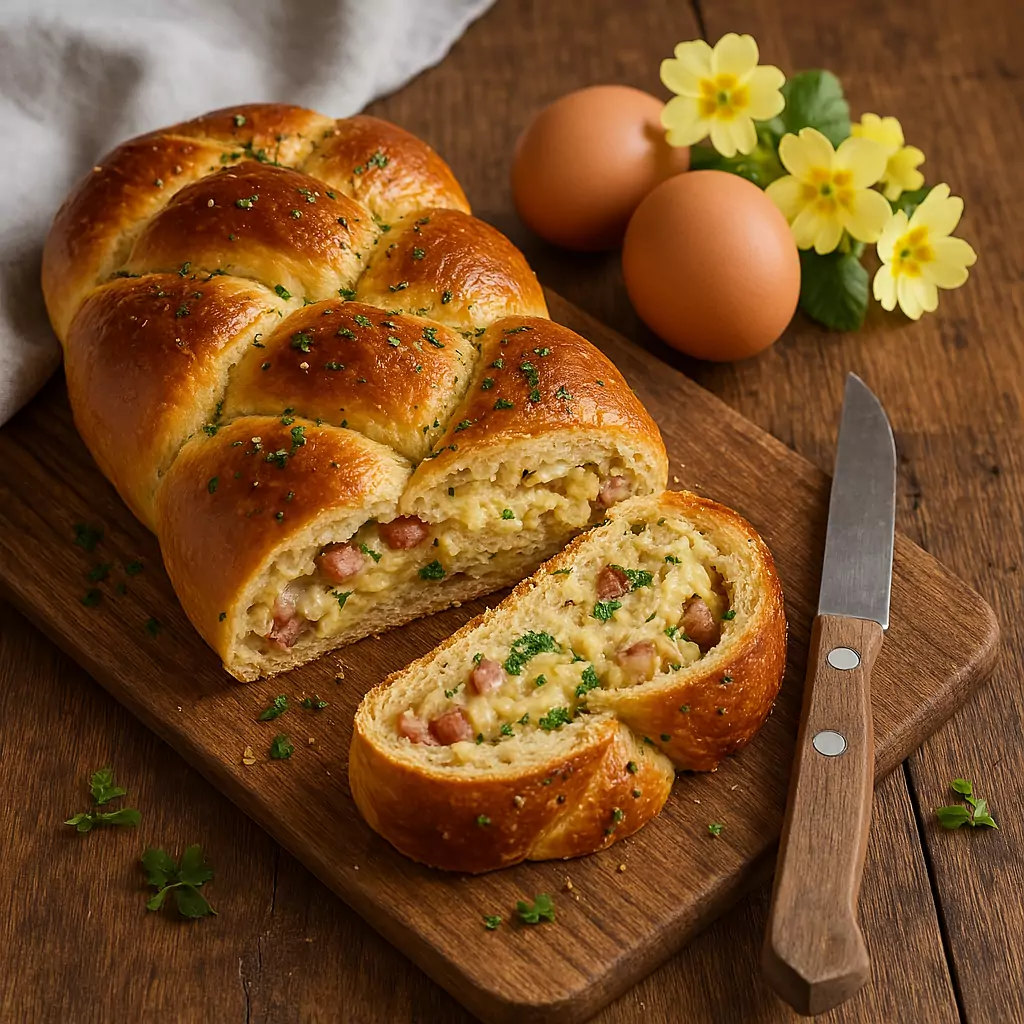 Herzhafter Hefezopf mit Käse und Schinkenfüllung auf Holzbrett