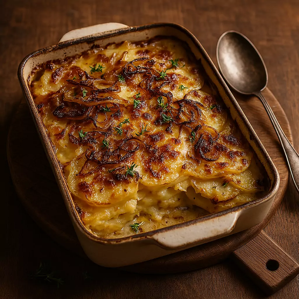 Kartoffelgratin mit Zwiebeln in Auflaufform