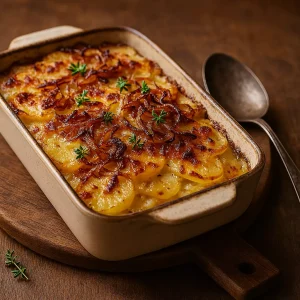 Kartoffelgratin mit Zwiebeln in Auflaufform