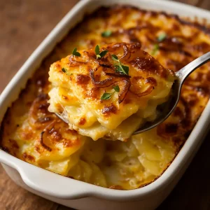 Kartoffelgratin mit Zwiebeln in Auflaufform
