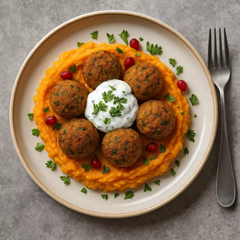 Kichererbsenbällchen mit Süßkartoffelstampf und Joghurt auf Teller