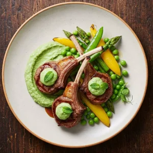 Lammkoteletts mit Minz-Erbsen-Püree und Frühlingsgemüse.