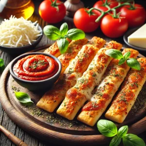 Knusprige Low-Carb Pizzastangen mit Tomatendip, serviert auf einem Holzbrett.