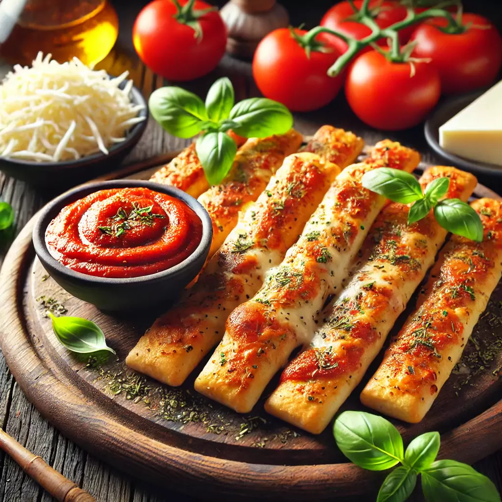 Knusprige Low-Carb Pizzastangen mit Tomatendip, serviert auf einem Holzbrett.