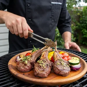 Lammkoteletts mit Rosmarin und Knoblauch vom Grill.